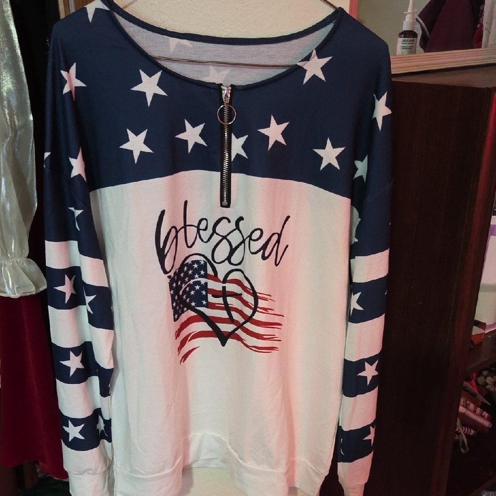 Blessed American Flag Star Stripe Pullover - Navy & White